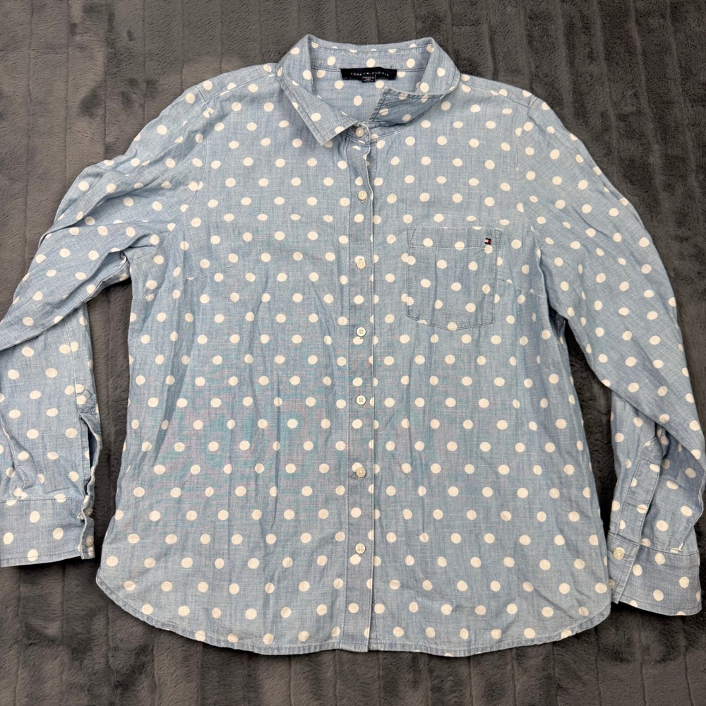 Tommy Hilfiger Womens Blue Polka Dot Button Down Shirt Long Sleeve Large